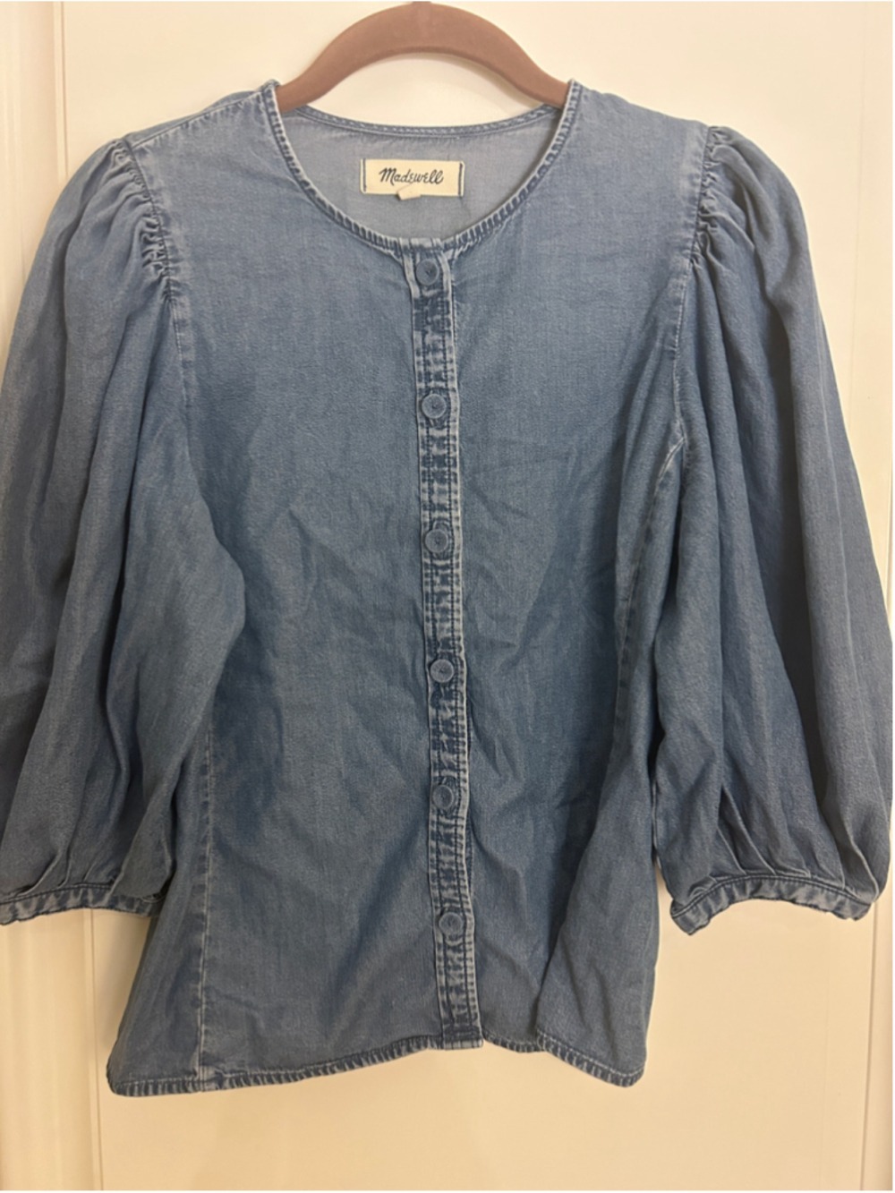 Women's Madewell Denim Blouse Size 2 Blue Puff Sleeve Button Down - Picture 5 of 10